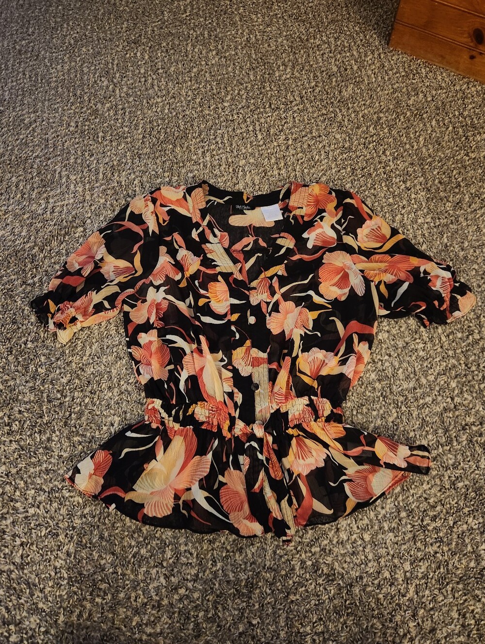 Bob Mackie Studio Short Sleeve Floral V-Neck Blouse Black 12